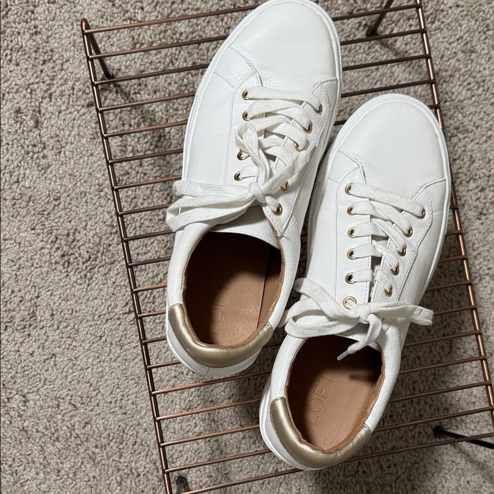 LOFT White Leather Sneakers with Gold Heel Accent